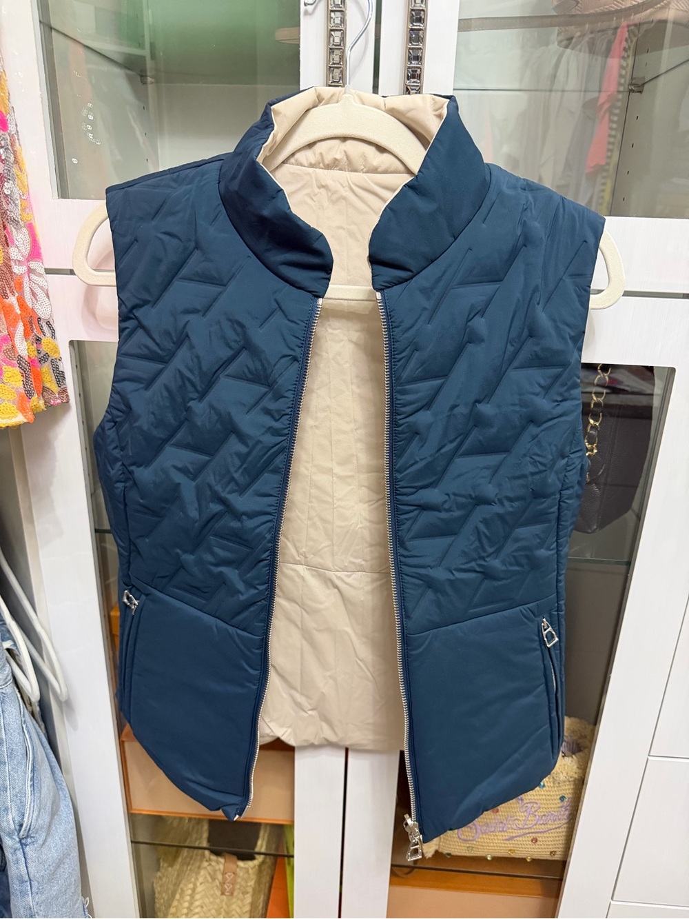 Hermes Navy Quilted Reversible Vest with Cream Lining